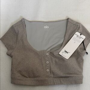 NWT ALO Yoga S Heathered Gray Blissful Henley Buttoned Bra Top Crop Top